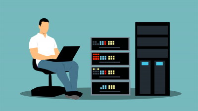 Illustration of man running a website business using a laptop and hosting server