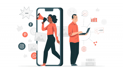 Illustration showing a business owner monitoring news and social media