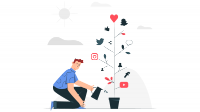 Illustration showing a social media marketer watering a tree with social media logos as flowers