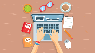Illustration showing a coder developing software on a laptop in PHP and C++