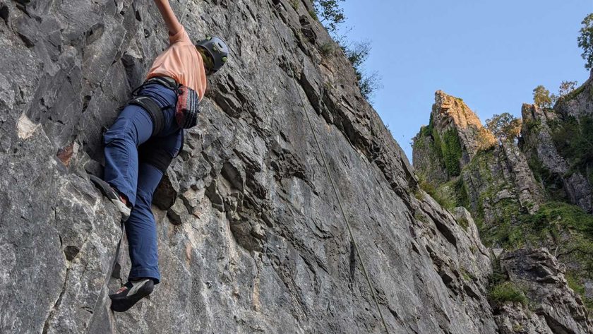 Testing the Evolv Geshido Velcro Women’s vegan climbing shoe while sport climbing in Cheddar Gorge