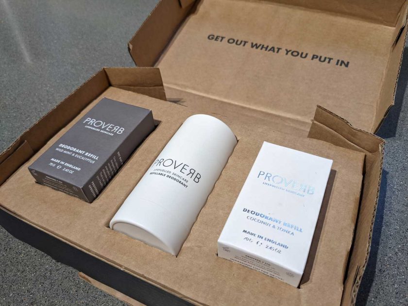 Proverb refillable natural deodorant packaging
