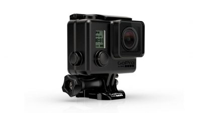 A black GoPro Hero camera against a white background.