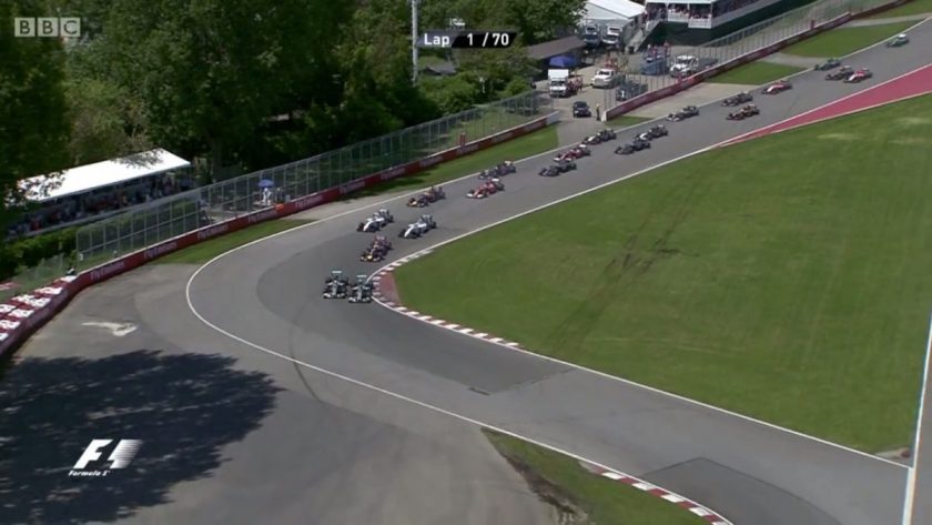 Rosberg holding Hamilton off at the start of the Canadian GP.