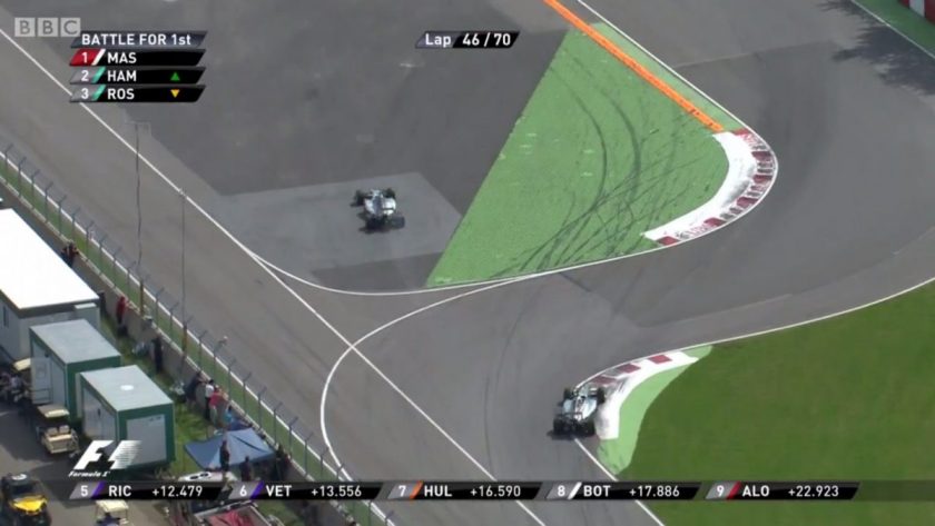 Hamilton missing the final chicane after a brake failure.