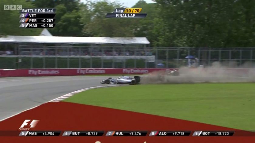 Massa narrowly missing Vettel after a collision with Perez.