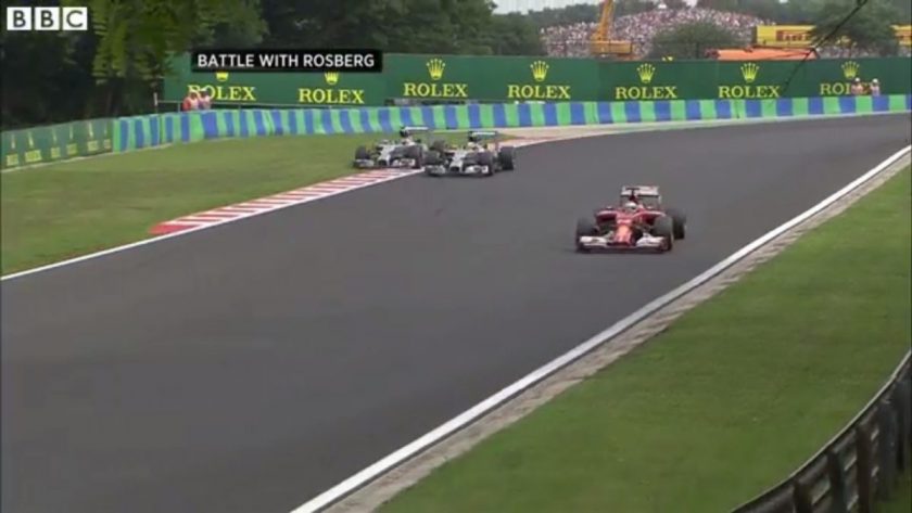 Awesome defensive move from Hamilton to defend his third place from team-mate Rosberg. Screenshot from BBC.