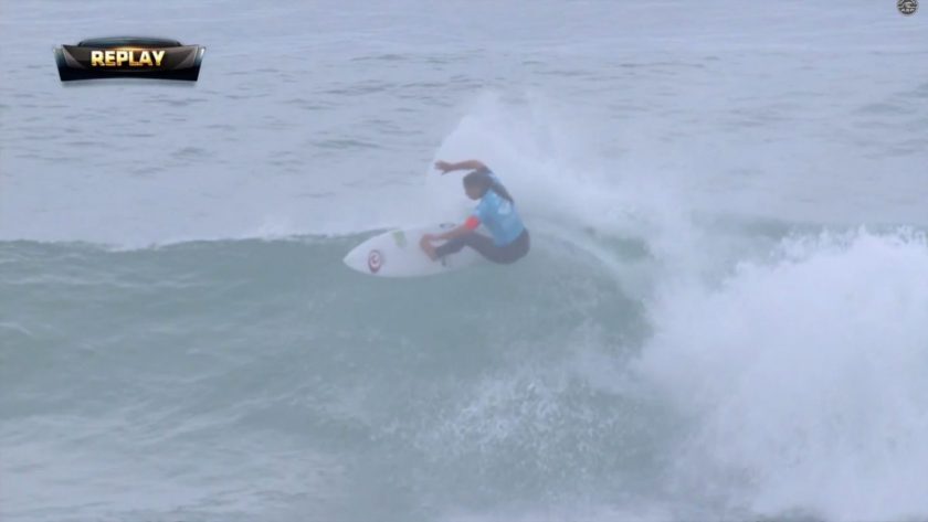 Tyler Wright slicing the top off of one in her Semifinal match-up against Johanne Defay. Screen grab from ASP video.
