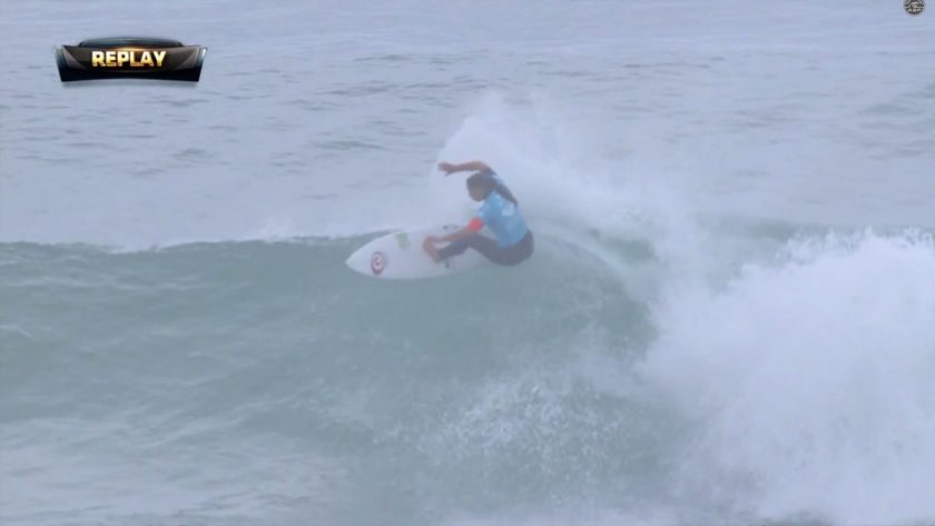 Tyler Wright slicing the top off of one in her Semifinal match-up against Johanne Defay. Screen grab from ASP video.
