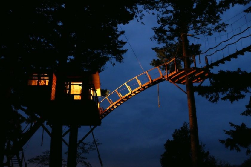 The treehouse lit up at night looks magical.