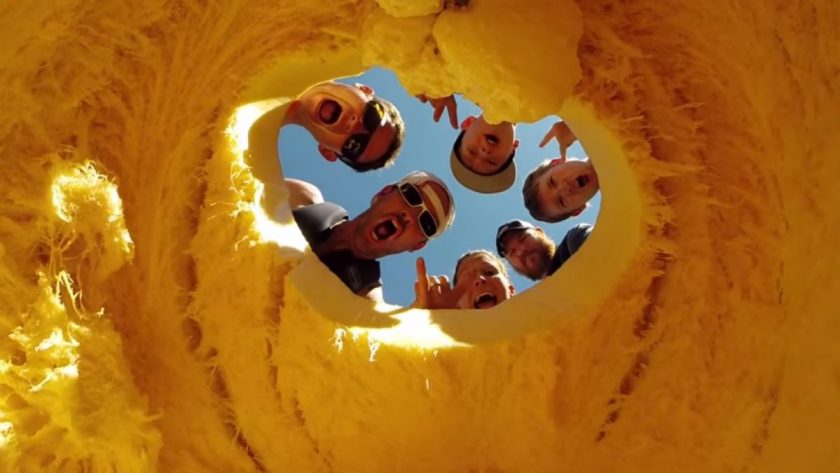 Inside the giant pumpkin kayak. Screen grab from video.