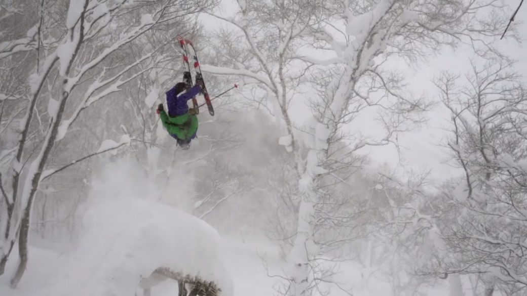 A skier from the Salomon Ski Team effortlessly flips through the Japanese Side Country Park, shredding pow in the snow.