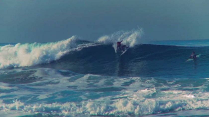 Rob Machado with a fun little carve on the surf snowboard. Photo is a screen grab from the video.