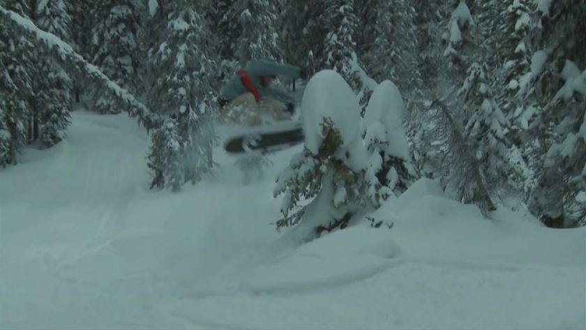 Kicking off a tree in the backcountry. Photo is a screen grab from video.