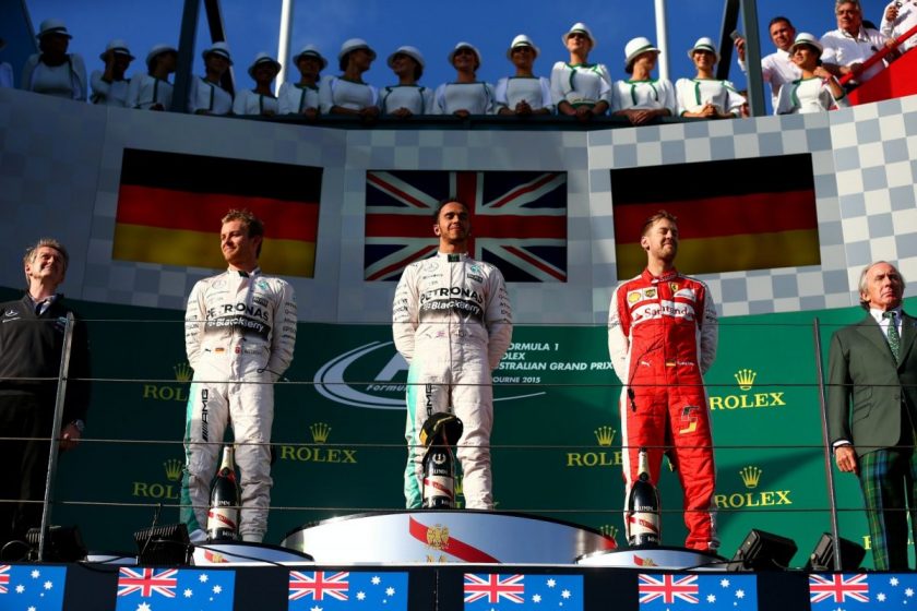A 1-2 finish for Mercedes and a great start to Vettal's Ferrari career. Photo: Getty Images/Red Bull Content Pool.