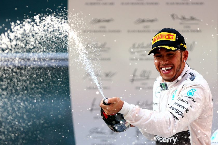 Hamilton celebrating the pole to flag win. Photo: Getty Images/Red Bull Content Pool.