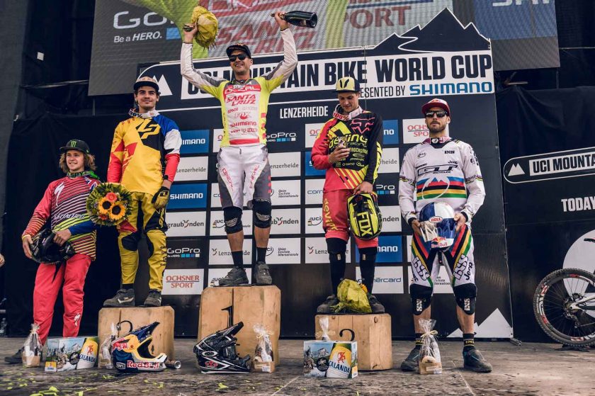 Men's podium: Troy Brosnan, Bruni Loic, Greg Minaar, Lucas Dean, Gee Atherton. Photo: Bartek Wolinski/Red Bull Content Pool.