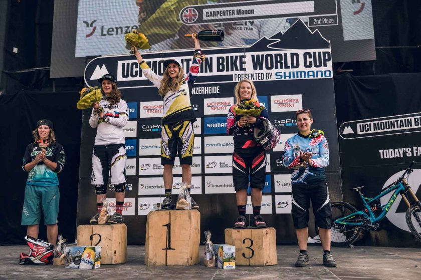 Womens podium: Charre Morgane, Manon Carpenter, Rachel Atherton, Tracey Hannah, Emmeline Ragot. Photo: Bartek Wolinski/Red Bull Content Pool.