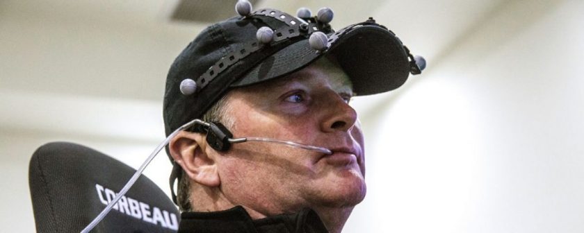 Sam Schmidt controls his virtual race car with head movement and a mouthpiece. Photo: Courtesy of Tim Considine VIa ESPN
