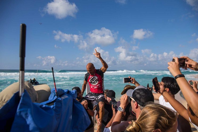 Kelly Slater celebrating his first win in two years, Volcom Pro Pipe 2016. Photo: WSL