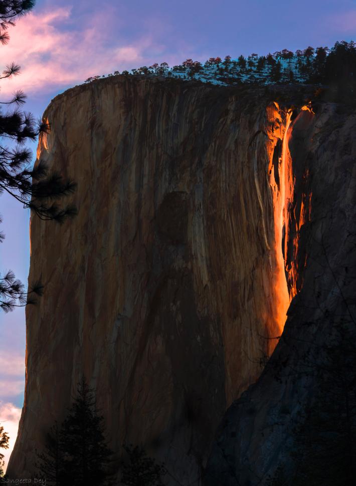 On February 15, 2016, neuropsychologist Sangeeta Dey snapped this photograph of Yosemite National Park's Horsetail waterfall, illuminated by the sunset. Photograph: Sangeeta Dey