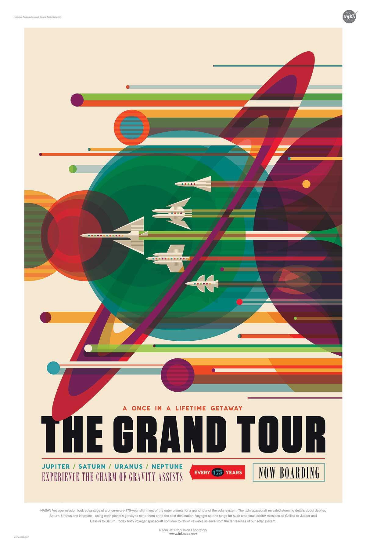 NASA poster promoting space travel around the solar system