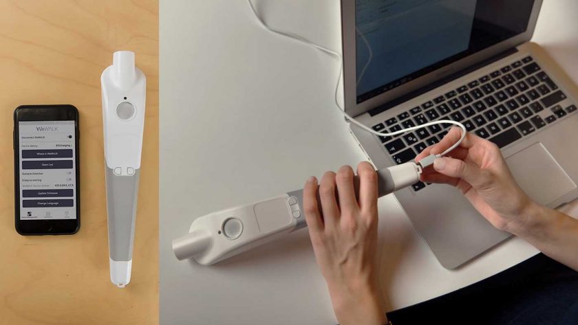 An image showing the WeWalk smart cane connecting to a smartphone and a computer.