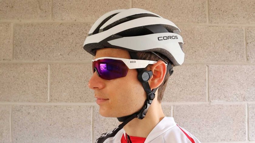 Cyclist wearing the Coros SafeSound Road helmet