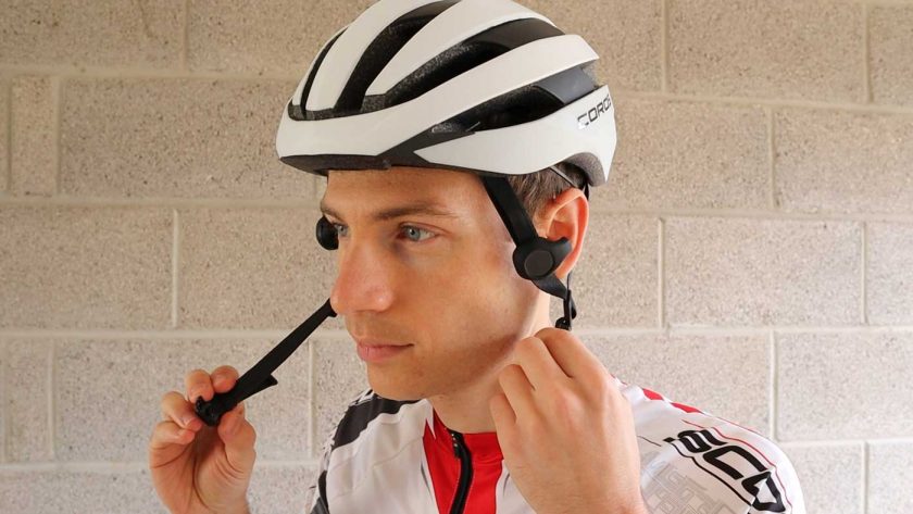 Adjusting the chin strap on the Coros SafeSound Road helmet