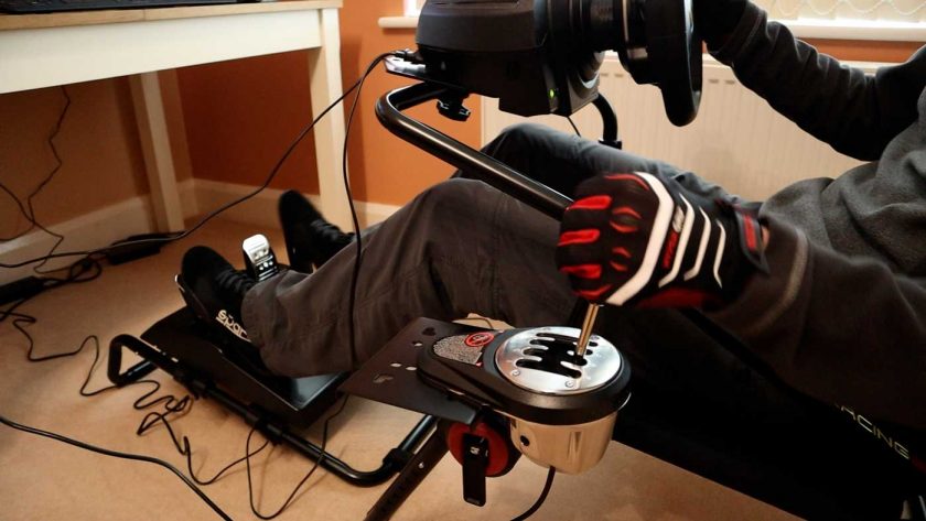 Thrustmaster T3PA pedals and TH8A shifter mounted on the Next Level Racing GT Lite