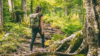 Woman solo hiking on a forest trail