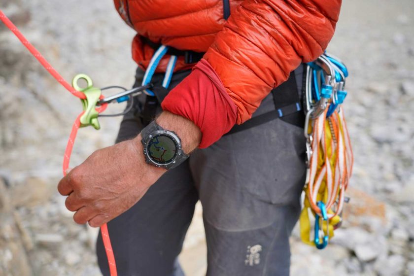 Rock climber belaying while wearing the COROS VERTIX 2 GPS adventure watch
