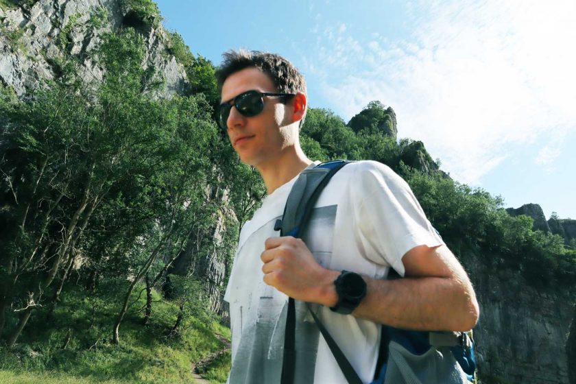 Wearing the Vallon Howlin’ sunglasses on a rock climbing trip to Cheddar