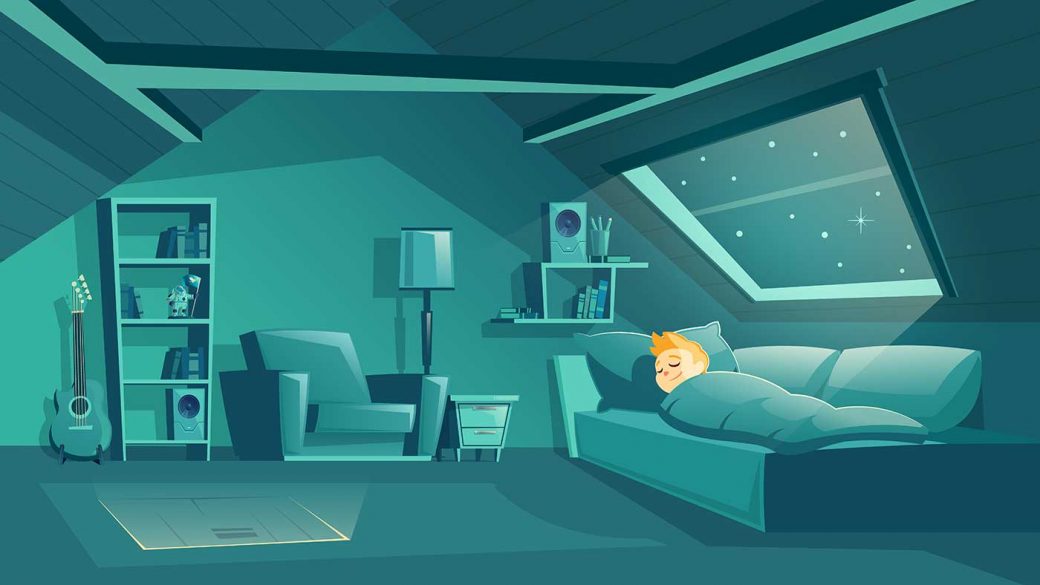 Cartoon of a person burning calories while they sleep in an attic bedroom