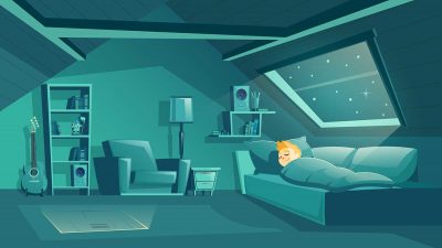 Cartoon of a person burning calories while they sleep in an attic bedroom