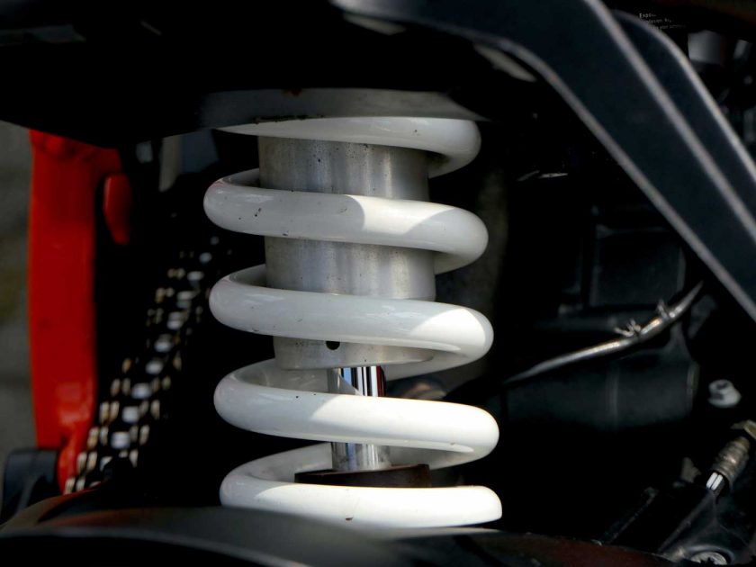 Closeup of upgraded coilover suspension fitted on a car