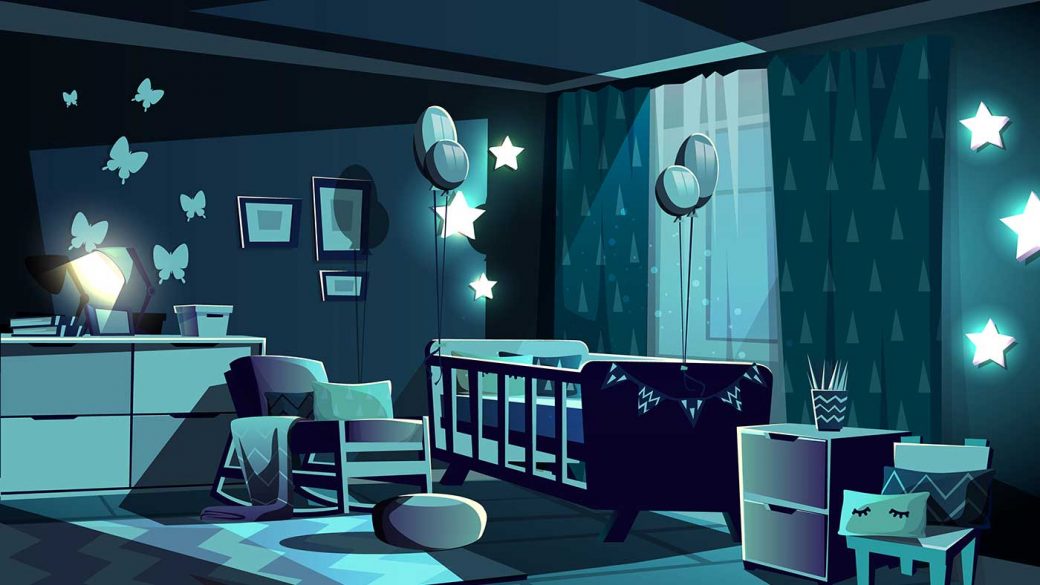 Illustration of a baby’s bedroom with gadgets to aid sleep