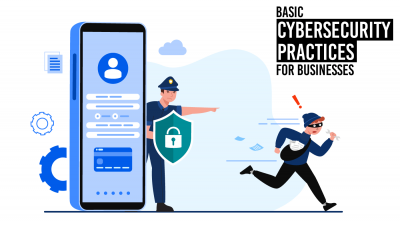 Illustration showing a firewall and other basic cybersecurity practices for businesses