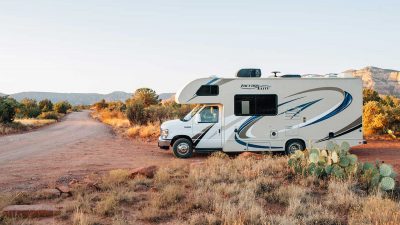 RV on dusty road in Arizona