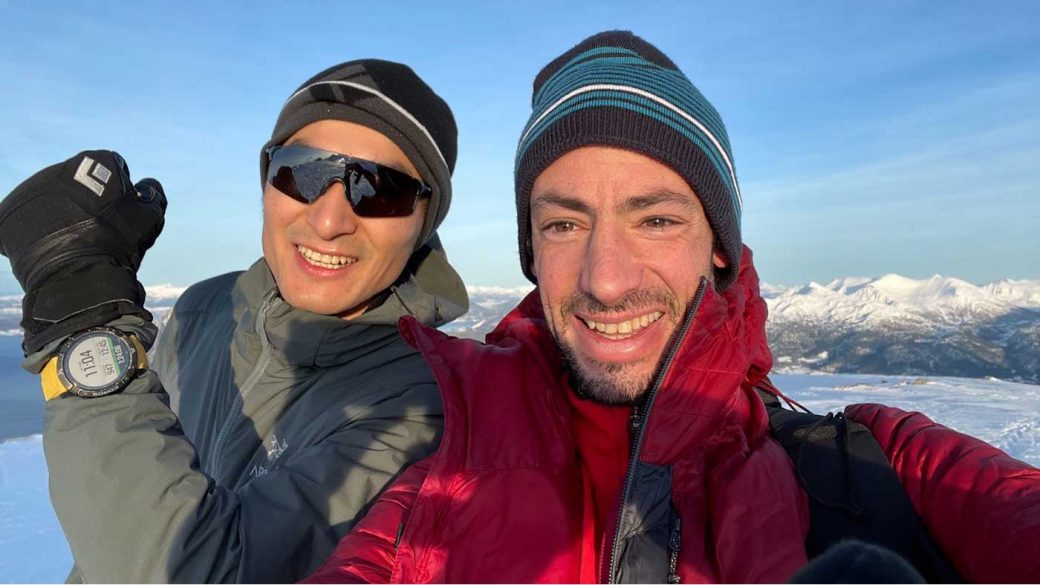 Coros Co-Founder Lewis Wu skiing with Kilian Jornet