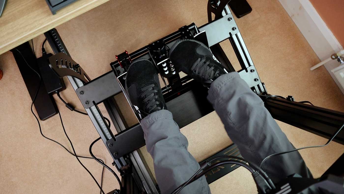 Next Level Racing F-GT Elite pedal deck top view with Fanatec ClubSport Pedals V3