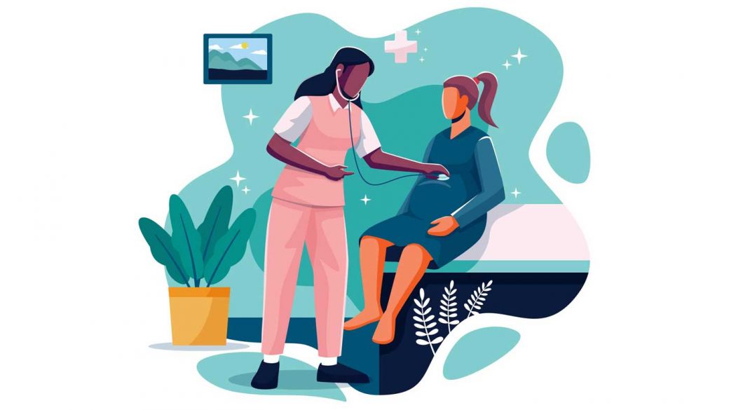 Illustration of a mifwife checking the heart beat of an unborn child