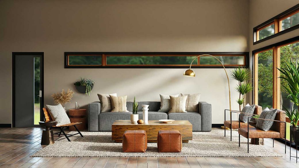 Living room with a modern interior design and neutral colour palette