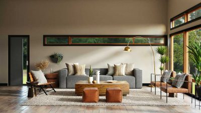 Living room with a modern interior design and neutral colour palette