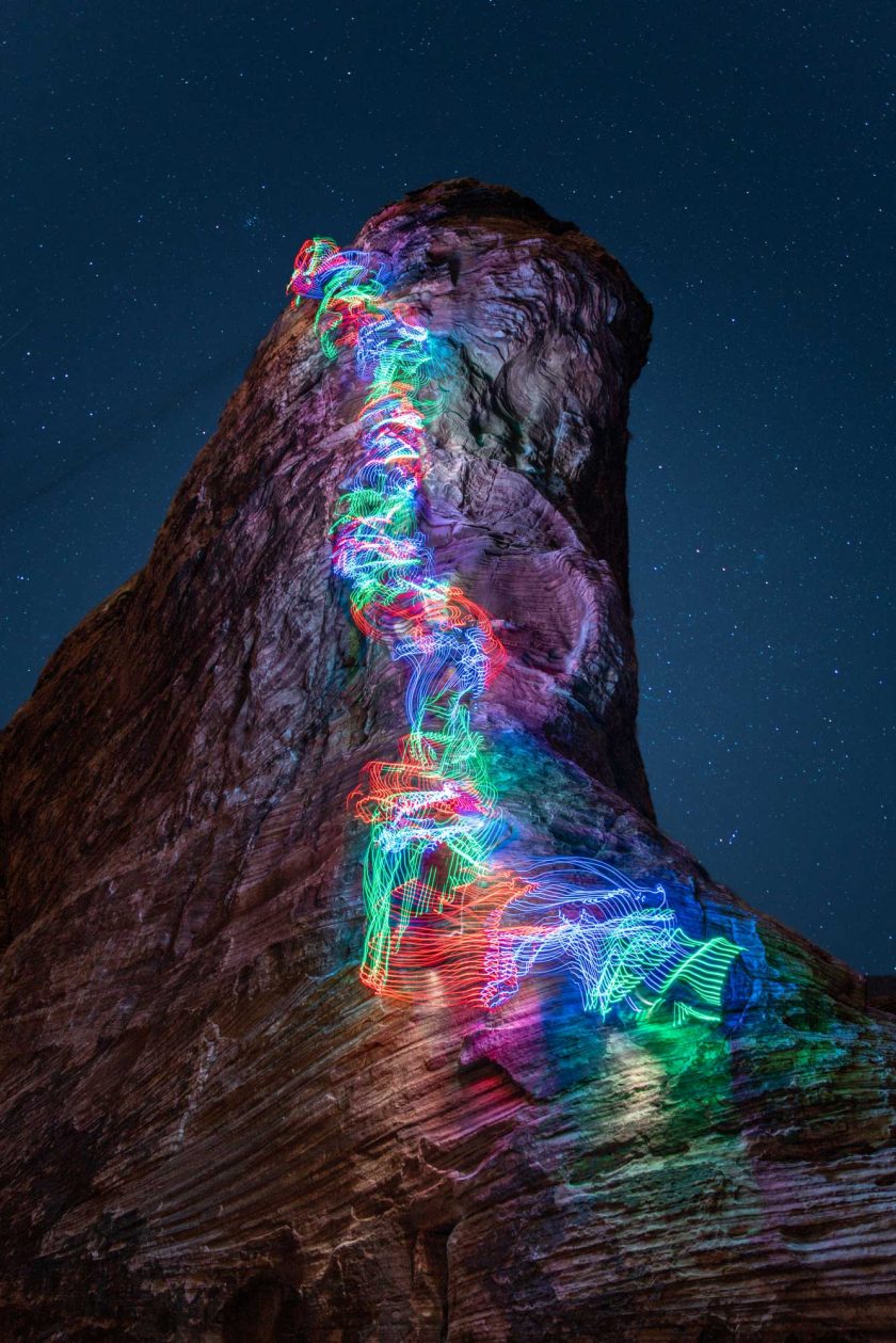 A long exposure climbing photo called ‘Caustic Peacock’ by Luke Rasmussen