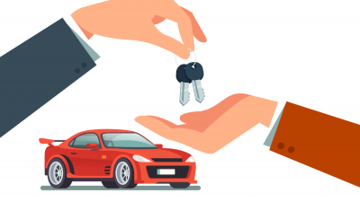 Two people exchanging keys to a red sports car