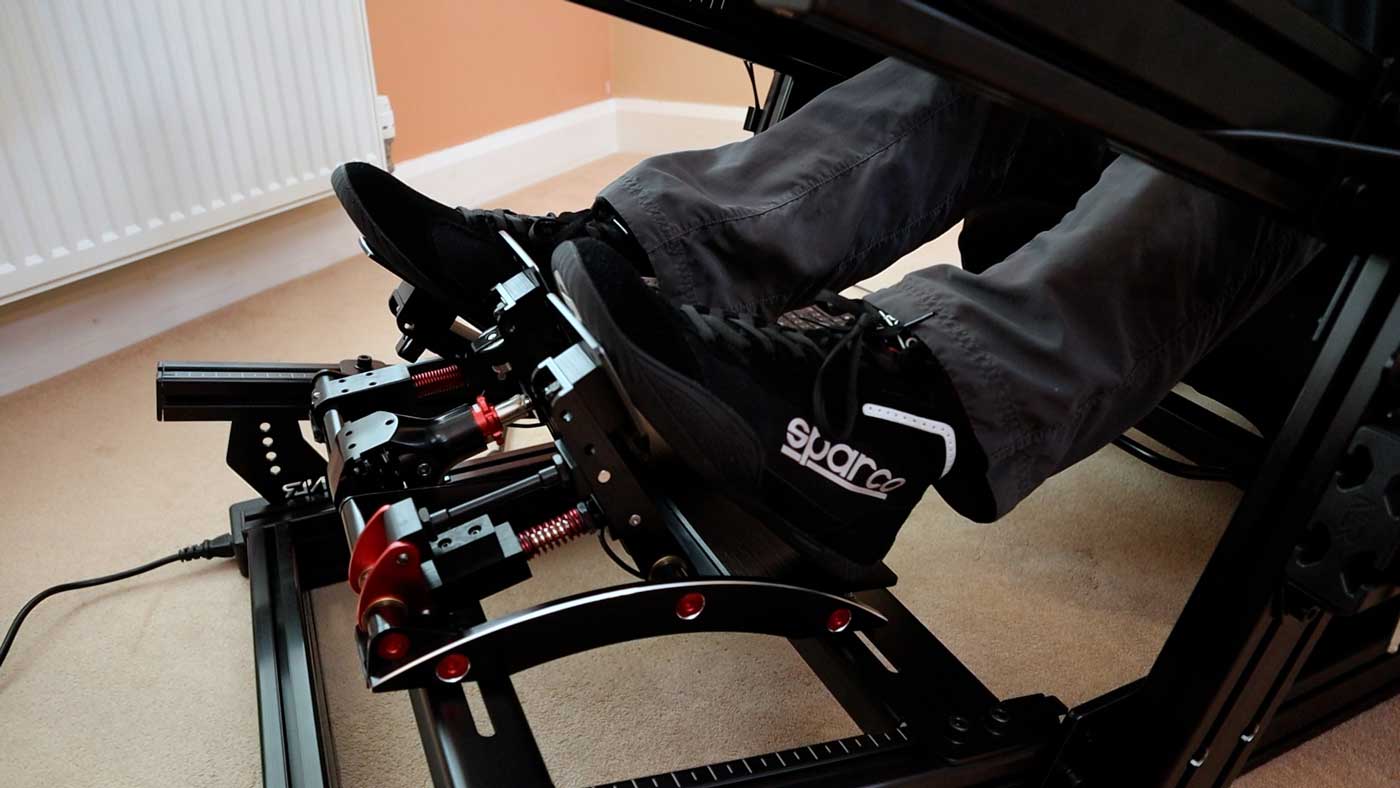Next Level Racing GT Elite pedal deck side view with Fanatec ClubSport Pedals V3