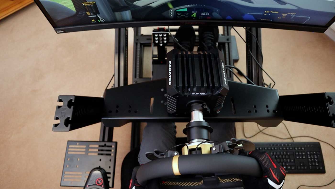 Top view of the Next Level Racing GT Elite wheel mount with Fanatec CSL DD
