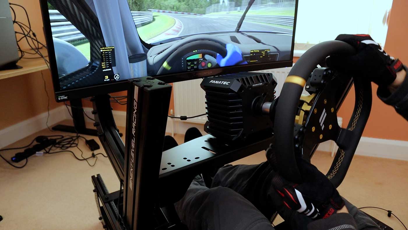 Side view of the Next Level Racing GT Elite wheel mount with Fanatec CSL DD
