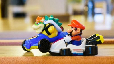 Car crash between two model Mario Kart toys